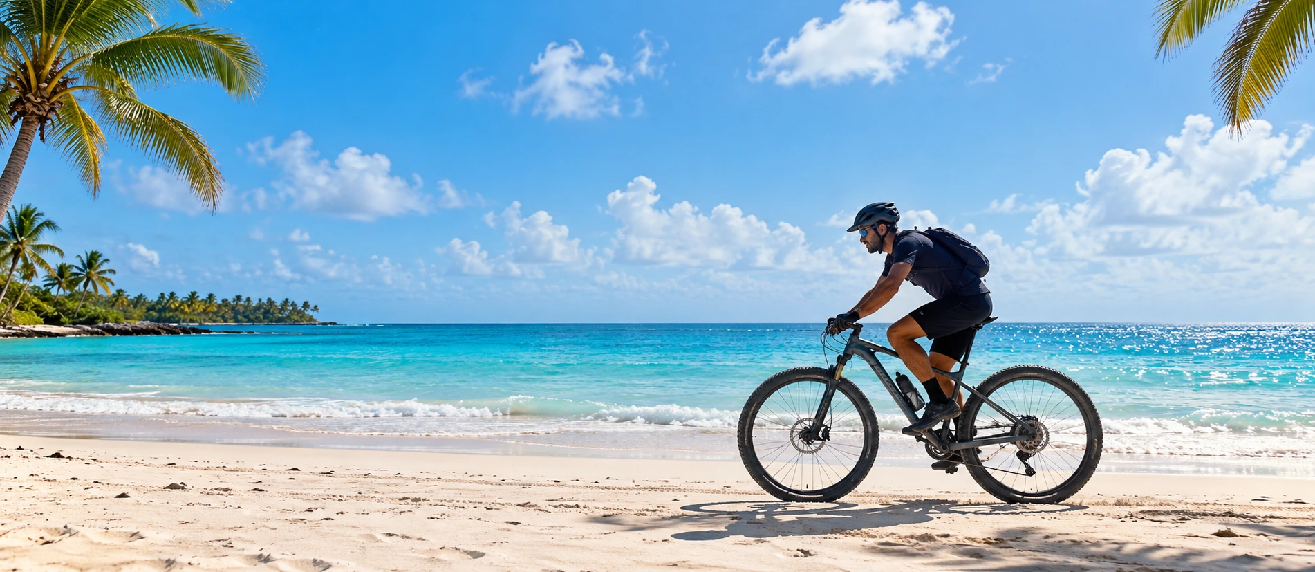 Ciclista con bicicleta en una playa del Caribe
