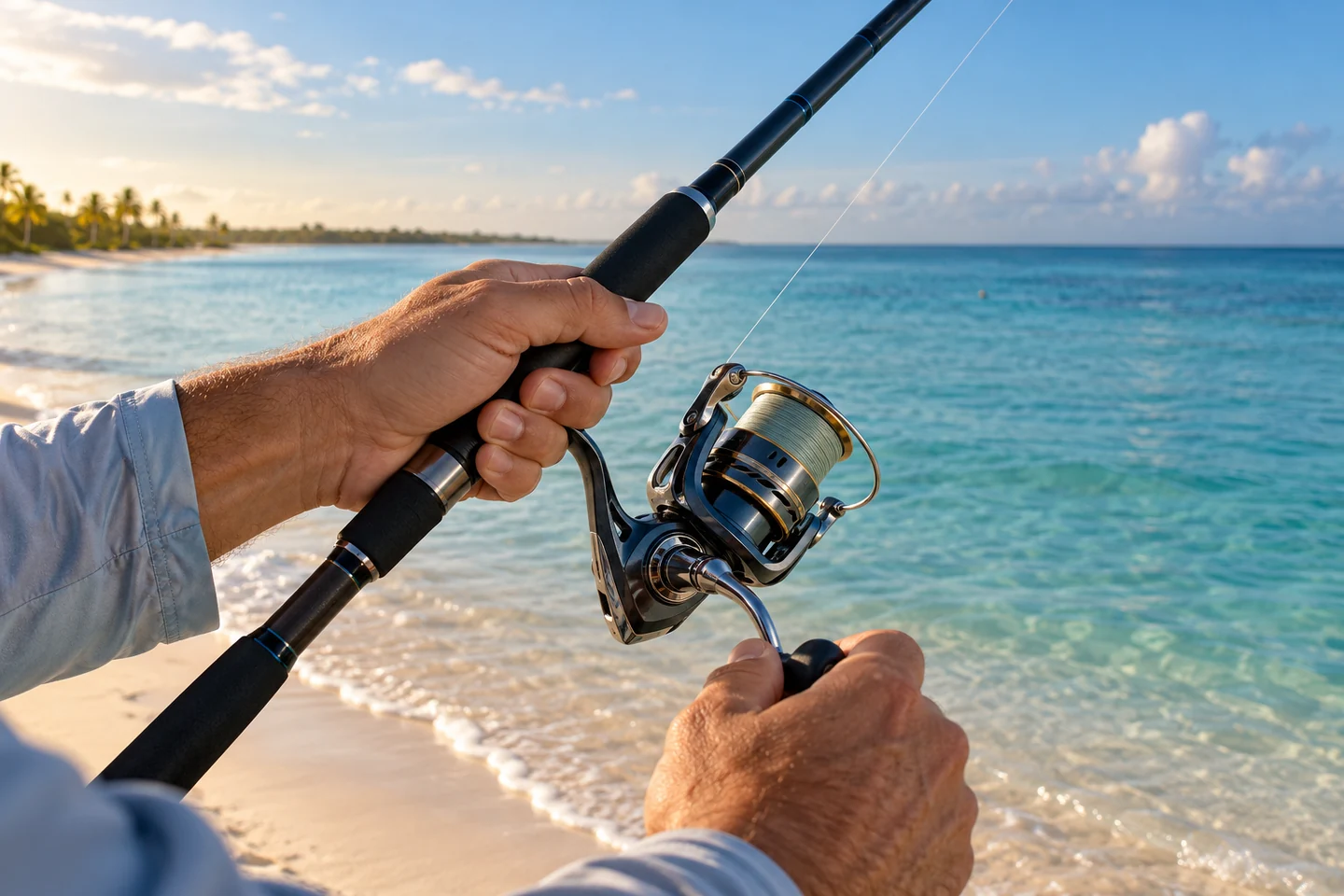 Manos de un pescador revisando un carrete de spinning junto al mar