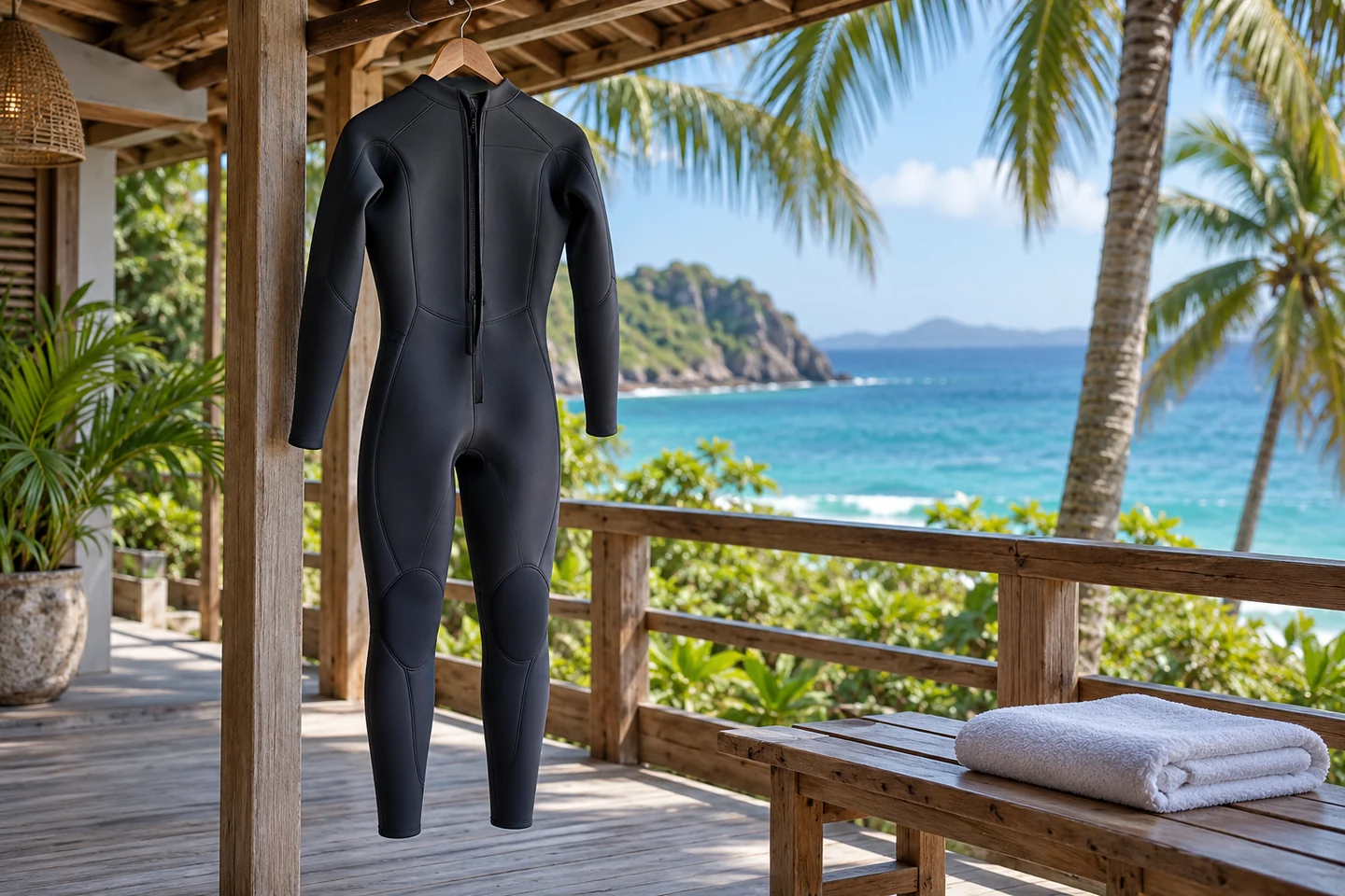 Traje de neopreno genérico colgado en un espacio sombreado y ventilado