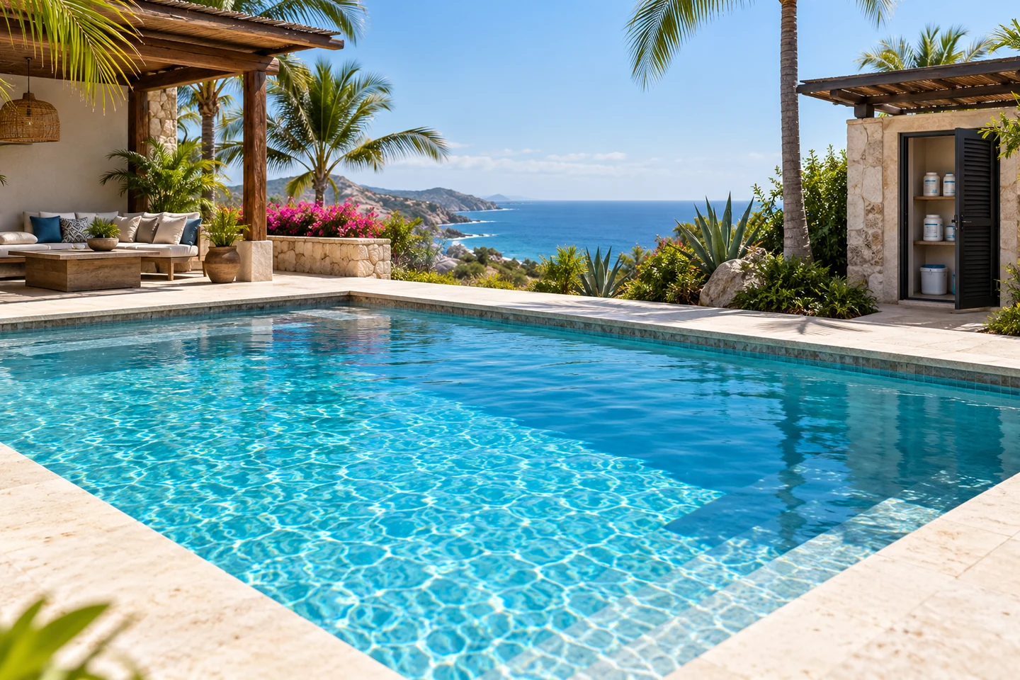 Piscina limpia en un entorno tropical con almacenamiento separado al fondo